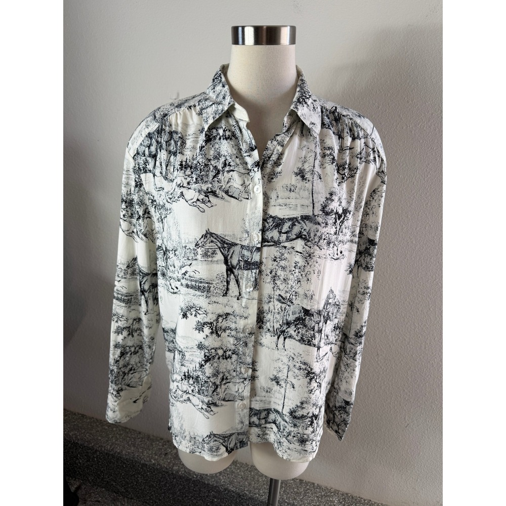 NEW Jane + Delancey Womens Medium Equestrian Horse Print Button Up Shirt Blouse